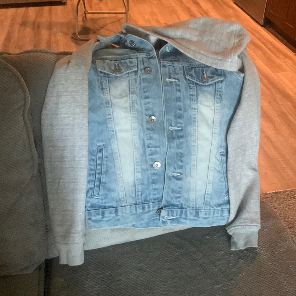 Faded denim jacket with detachable hood